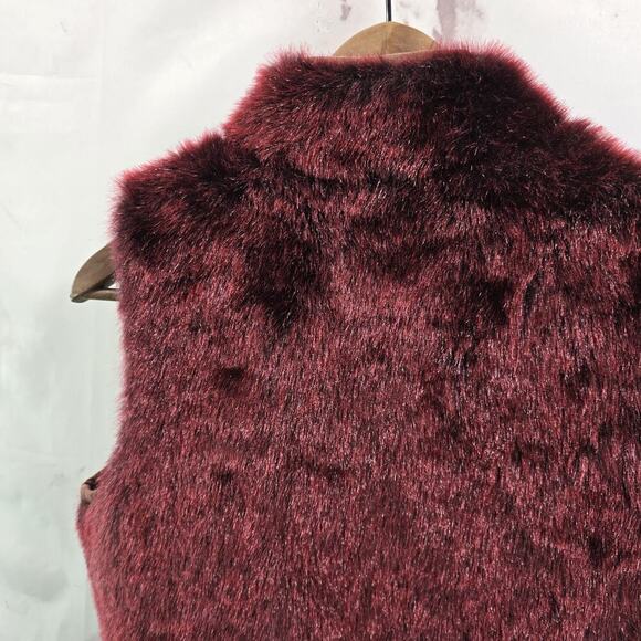 Vintage Y2K Vest Womens Medium Red Faux Fur Mob Coat Burgundy Glam Boss - Picture 6 of 10
